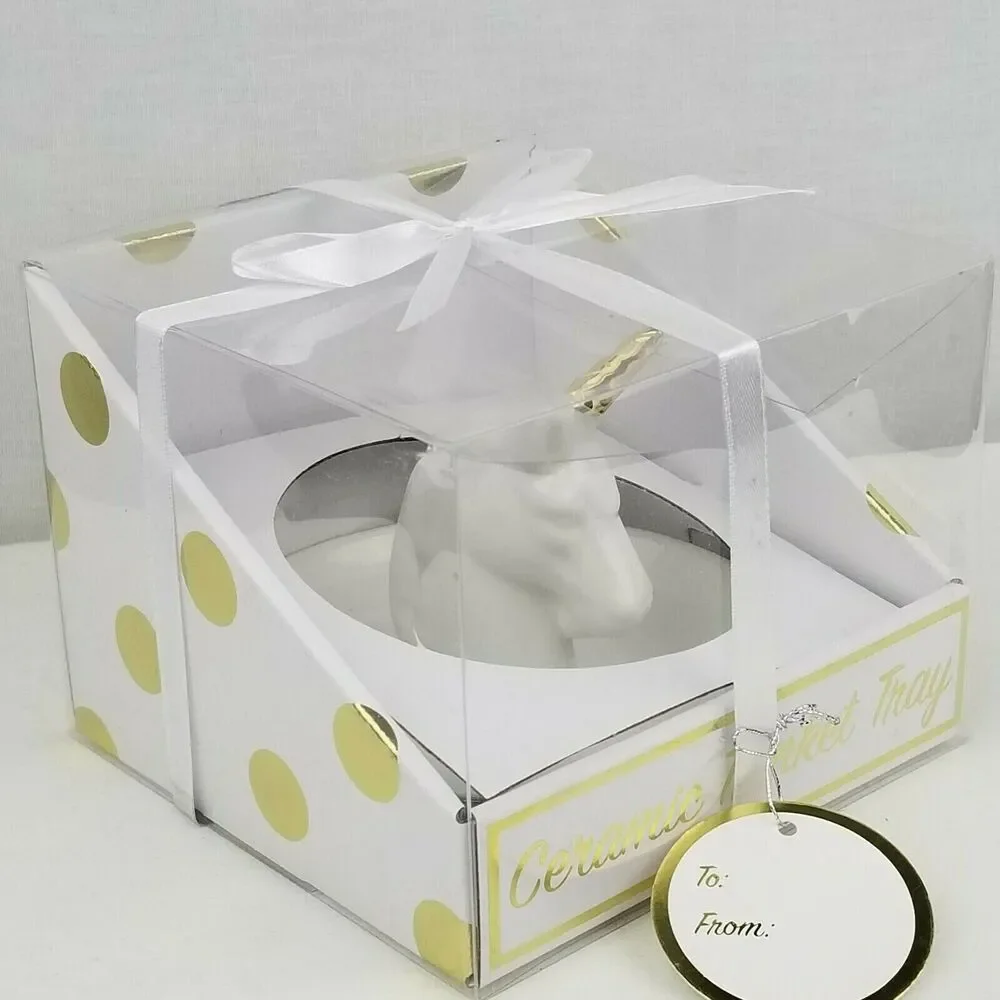 Unicorn Trinket‎ Dish Tray Jewelry Ring Holder Ceramic White Gold Gift Teen Girl